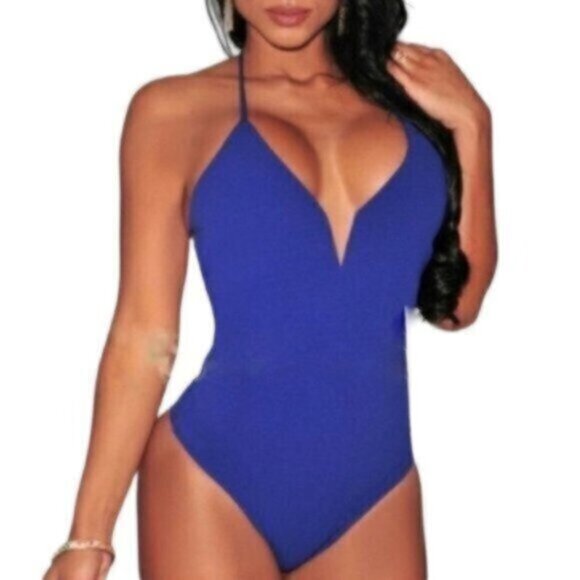 NWT Royal Blue Textured Cut-Out Back Bodysuit - Picture 1 of 7